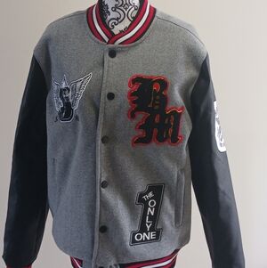 Bleecker & Mercer Men's Racing  Grey & Black Varsity Jacket with Red Trim